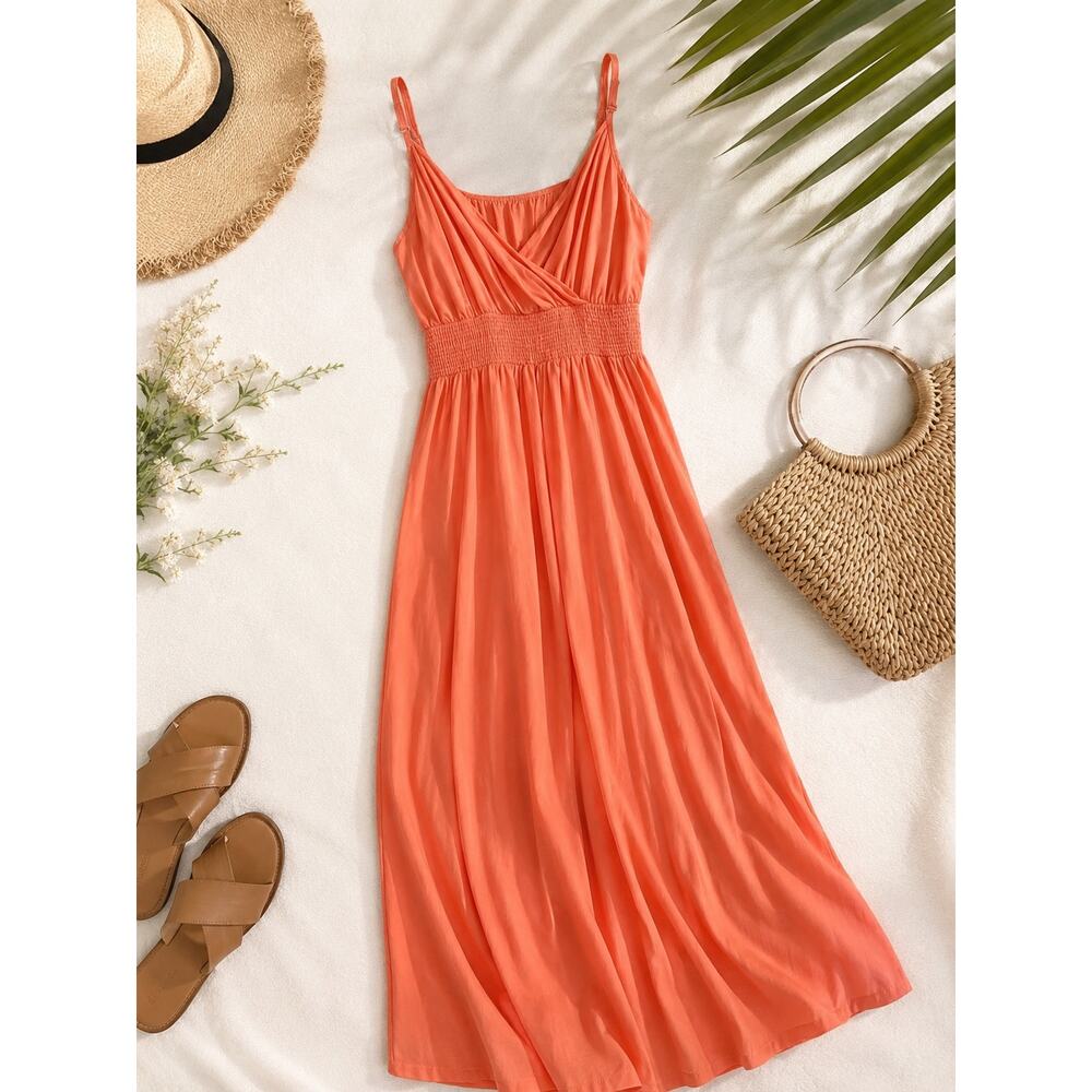 West Kei Coral Orange Maxi Dress Empire Waist Adjustable Straps Boho Resort L